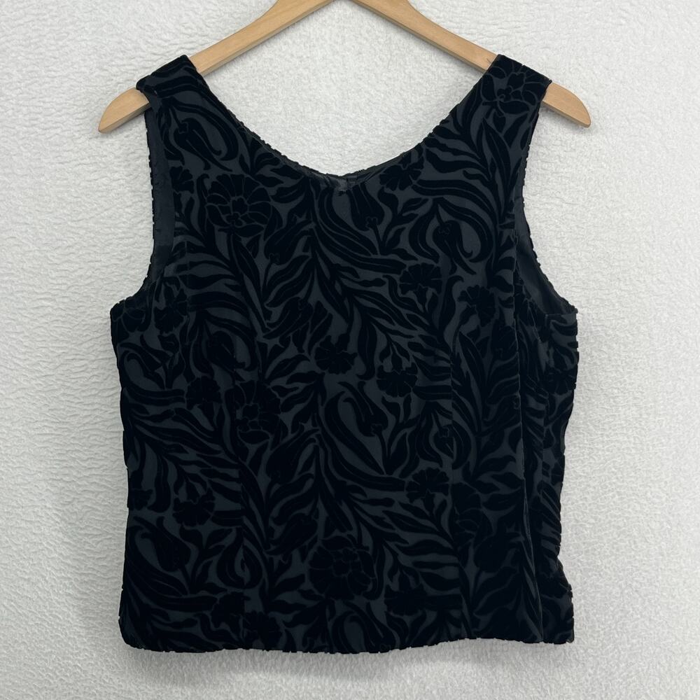 ANN TAYLOR Tank Top 12P Silk Blend Burnout Velvet Floral Button Back Black Vtg